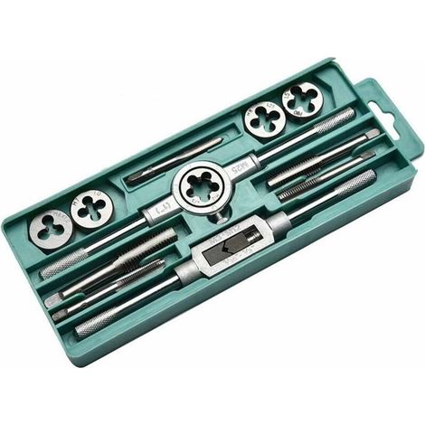 Taps and Dies Kits 12Pcs Wrench Metric Screw Hand Tapping Tools M3-M12 M25 (1/4)