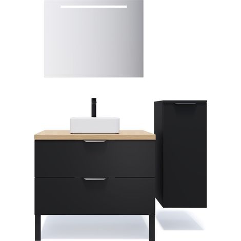 Meuble de salle de bain suspendu vasque à poser 90cm 2 tiroirs Noir + miroir + colonne ouverture droite - Soho (1/5)