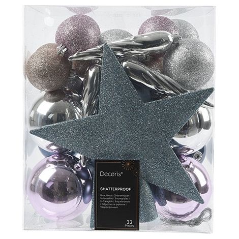 DECORAZIONI ALBERO 33 PZ MISTE BLU-LILLA-ARGENTO