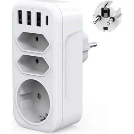 4000-Watt-USB-C-Wandsteckdosenleiste mit 3 USB- und Typ-C-Anschlüssen, 1 Schuko-Steckdose und 2 Euro-Steckdosen für Zuhause, Küche und Büro
