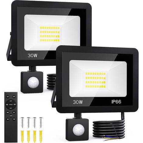 Confezione da 2 faretti LED da 30 W con sensore di movimento per esterni, montaggio a parete, con telecomando, IP66 impermeabile per giardino, garage, cortile [classe energetica F] (1/5)