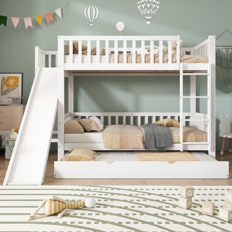 Lit superposé enfant moderne avec lit gigogne, toboggan et étagères, bois massif+MDF blanc, 90x200 cm (1/5)