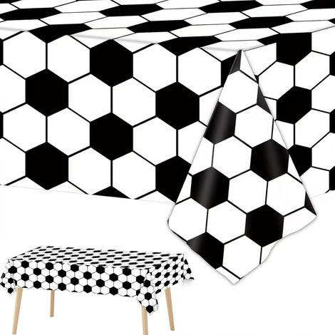 Lot de 10 nappes de football noires et blanches à motif classique, idéales pour les fêtes et les célébrations. Dimensions : 137 x 274 cm (1/5)