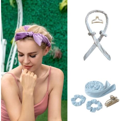 Kit de 4 pièces pour boucles sans chaleur : bigoudis, fer à friser, élastiques et pinces à cheveux, en flanelle bleue. (1/5)