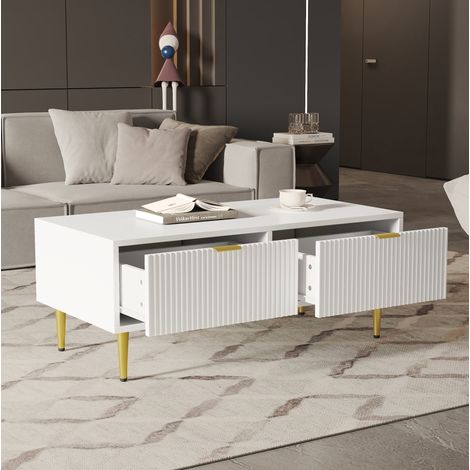 Mesa de centro 100x50x40 cm de MDF blanco y dorado con almacenaje (1/5)