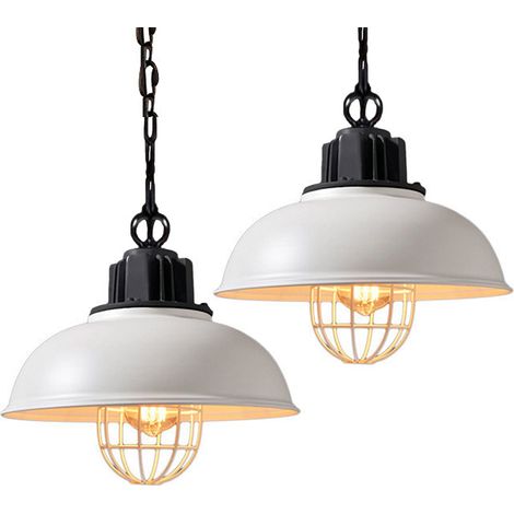 2Pcs Pendelleuchte Industrial Metall Käfig, E27 Retro Pendelleuchte, Höhenverstellbar für Wohnzimmer, Küche, Flur, Veranda, Bauernhaus (33cm,Weiß)