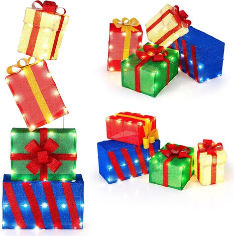GOPLUS Lot de 4 Boîtes Cadeaux LED Noël Combinaison Flexible, Decoration Noel Exterieure Lumineuse avec 51 Lumières LED Chaudes et Nœuds, Jardin et Balcon (1/5)