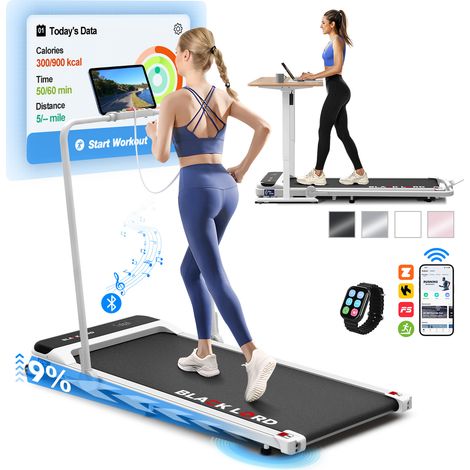 BLACK LORD Walking Pad, Foldable Treadmill for Home with 2-level Incline, LED Display & Bluetooth Speaker & Wireless Control,with handle bar - White