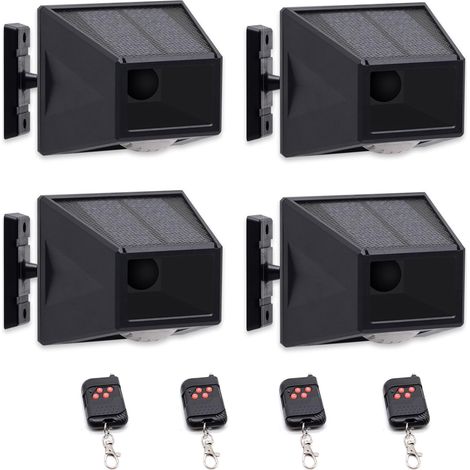 4 Stück Solar-Alarm-Bewegungsmelder für den Außenbereich, freie Rotation, IP65, wasserdicht, 129 dB, laute Sirene, Lampe, 4 Arbeitsmodi, Blitzlicht mit Fernbedienung