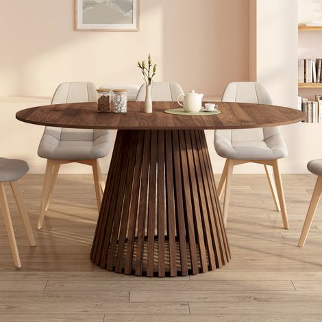 CARMEN mesa de comedor redonda extensible 4-8 personas con pata de listones de nogal y tablero de nogal 110 - 150 cm