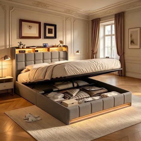 Cama individual 140x190cm – Cama con espacio de almacenamiento – Iluminación LED – Puerto USB – Cabecero tapizado – Base de láminas – Ropa de cama (1/5)