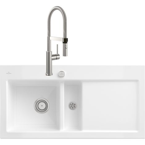 VILLEROY ET BOCH Subway Pure 60 fregadero desagüe derecho desagüe automático + grifo de cocina Steel Expert 2.0 Solid Steel