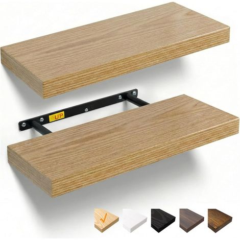 Set aus 2 schwebenden Wandregalen aus Holz, 40 cm, mit unsichtbaren Halterungen für Badezimmer, Schlafzimmer, Büro, Wohnzimmer, Küche (Eiche, 40 x 23,5 x 3,8 cm) (1/5)