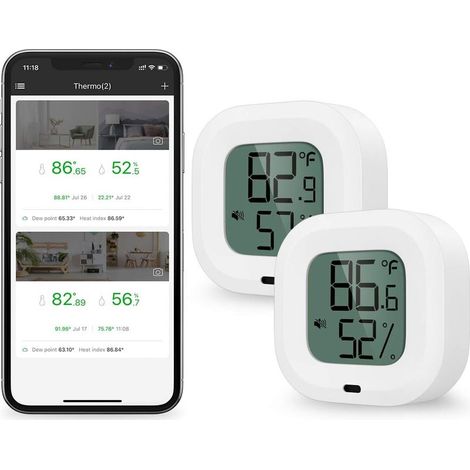 2 Pièces Thermomètre Hygromètre Bluetooth, Capteur de Température D'humidité avec Exportation de Données pour iOS Android, D'alarme, pour Maison, Étui à Guitare, Cave à Cigare, Cadeau Noel (1/5)