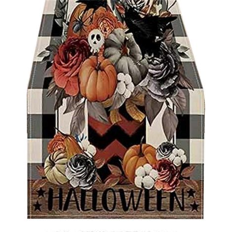 Nappe en lin imprimée citrouille et crâne pour Halloween 2026 - Décoration de table pour fêtes et thé (1/3)