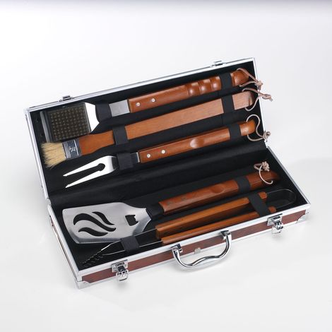 Ompagrill Set Utensili Barbecue 5 Pezzi in Acciaio Inox Con Valigetta In Radica
