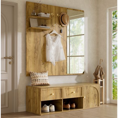 Mobile ingresso con specchio, 5 ganci, cassetti e panca, legno, 120x35x159 cm HAVRYA (1/5)