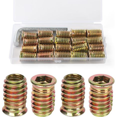 Insert Fileté Bois M10 x 25mm, 20 Pièces Insert à Vis, Écrous à Visser, Inserts D'écrou Borgne Ecrou Hexagonal, Douille Filetée Visser Metal Zinc Intérieur Manchons, pour Meubles en Bois (1/5)