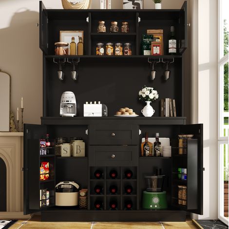 Aparador cocina 120x40x188cm Negro Baldas Ajustables, Estante Vino, 4 Puertas Y 2 Cajones (1/5)