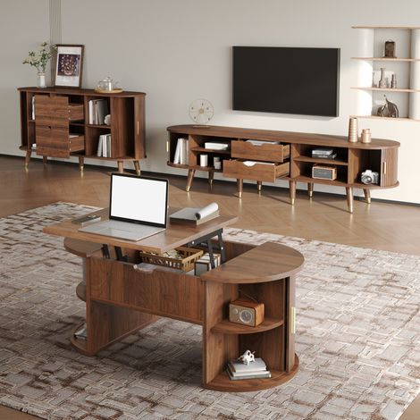 Set da soggiorno composto da 3 pezzi: tavolino da caffè con piano sollevabile, mobile TV e credenza, contenitore, legno di noce, MDF (1/5)