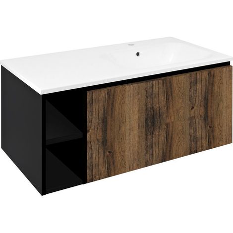 Meuble vasque LOREA 100x46x51,5cm (20+80cm), droite, chêne collingwood/noir mat