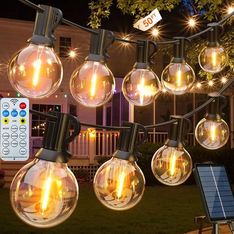 Guirlande lumineuse solaire d'extérieur de 15 m, 25 ampoules G40 et 1 ampoule G40, étanche IP44, avec télécommande, 8 modes, pour le jardin et  fêtes