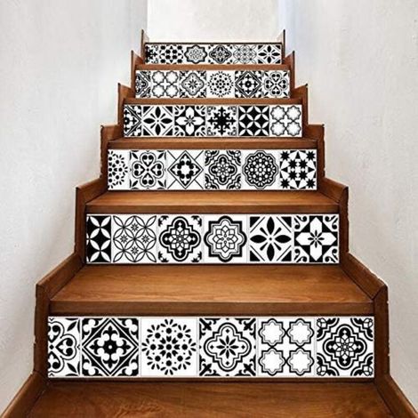 YMYNY Stickers Escalier Style Noir Et Blanc Tuile D'Arabie 12Pcs / Set 18Cm X 100Cm Escaliers Décoration 3D Autocollant Art Pegatinas De Pared Décor À La Maison Mur (1/3)