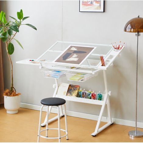 Table à dessin réglable en verre transparent et acier blanc, plateau inclinable 0-75°, hauteur réglable, rangements et réglette coulissante – de FLORAGRACE (1/5)
