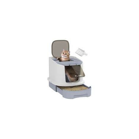 Katzentoilette mit geschlossener Tür, durchsichtigem Deckel und Schaufel, 40,5 x 52,5 x 42,5 cm, grau