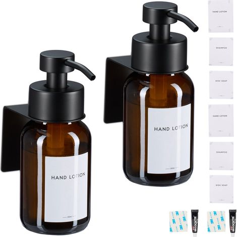 Dispenser di sapone in vetro da parete, ambra, pompa nera