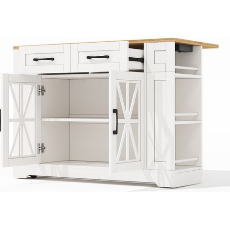 Îlot de cuisine portable 120 cm avec table pliante, rangements ouverts, prises AC et USB, portes vitrées, roulettes freinées (1/5)