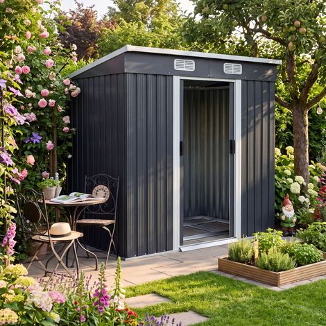 GARDEBRUK® L Cobertizo de Metal 3,1m³ 196x122x182 Antracita con Base Puerta Corrediza Almacenaje Exterior de Jardín Galpón 1,8m²