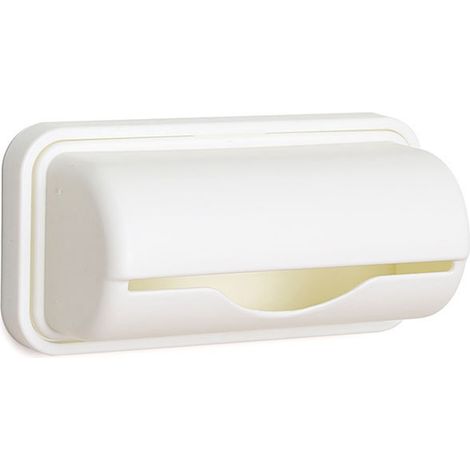 Distributeur de sacs poubelle mural en plastique sans perforation, pour la cuisine. (1/5)