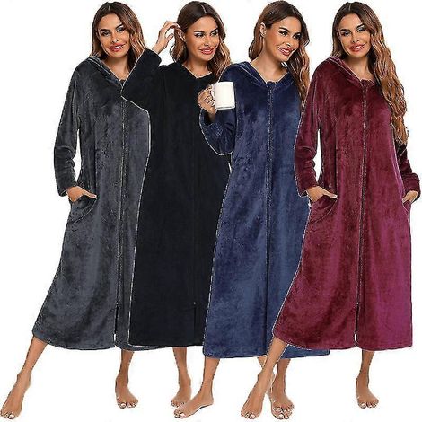 Peignoir en flanelle à fermeture éclair pour femme, peignoir long bleu (1/2)