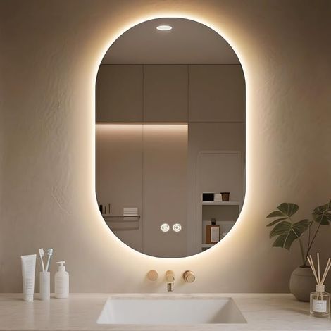 Oval Bathroom Mirror, LED Illuminated Bathroom Mirror, 3 Light Colours, HD Tempered Glass, Horizontal/Vertical (Oval, 80 x 50 cm) (1/5)