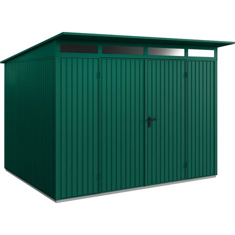 Hörmann Metall-Gerätehaus Berry Classic mit Pultdach Typ 3, 313 x 283 cm, moosgrün, 8,9 m², 2-flüglige Tür (1/5)