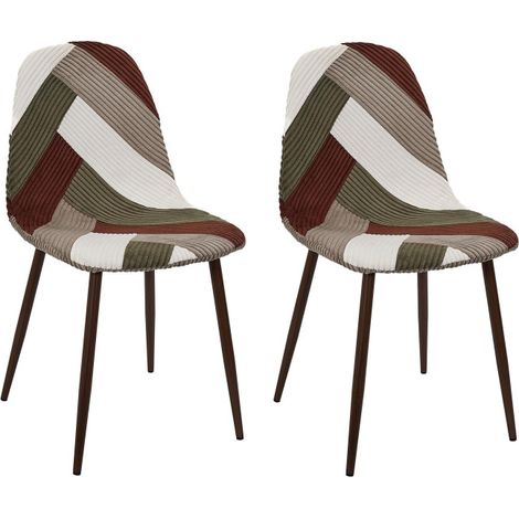 Lot de 2 Chaises en Velours Côtelé Patchwork Vintage - Vert + Terracotta + Blanc + Taupe - Piètement en Métal Couleur Noyer - Livraison gratuite (1/5)