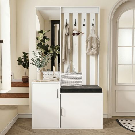 Appendiabiti multifunzione con specchio e panca imbottita 100x40x180 cm, mobile da ingresso con scarpiera, 2 ante e 5 scomparti, stile moderno, Bianco