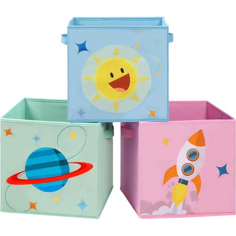 SONGMICS Statole Portaoggetti, Set di 3 Organizzatori per Giochi, 30 x 30 x 30 cm, Contenitori Pieghevoli, per Camerette Stanza dei Giochi, a Tema Spazio, Azzurro, Verde e Rosa RFB001Y03 (1/5)