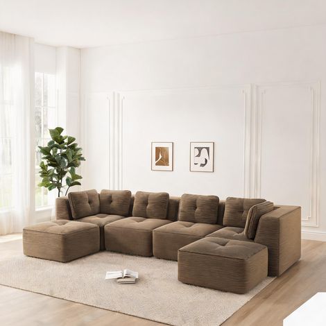 Canapé d'angle modulable en U en velours côtelé marron sans (1/5)