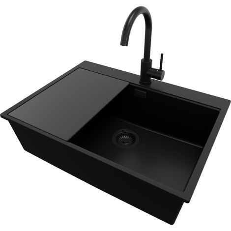 PRIMAGRAN Evier Cuisine en Granit 68x50cm, Lavabo 1 bac + Robinet 32x20cm + Kit de Vidage + Accessoire, Évier à Encastrer au meuble 70cm - Oslo, Tout Noir (1/5)