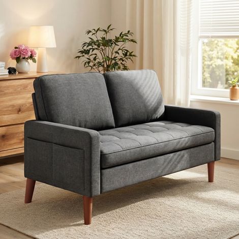 Bealife Sofá de 2 Plazas con 2 Cojines de Respaldo 2 Cojines de Reposabrazos Estructura de Madera Metal Tela de Algodón y Lino 121 x 76 x 87 cm Gris Oscuro