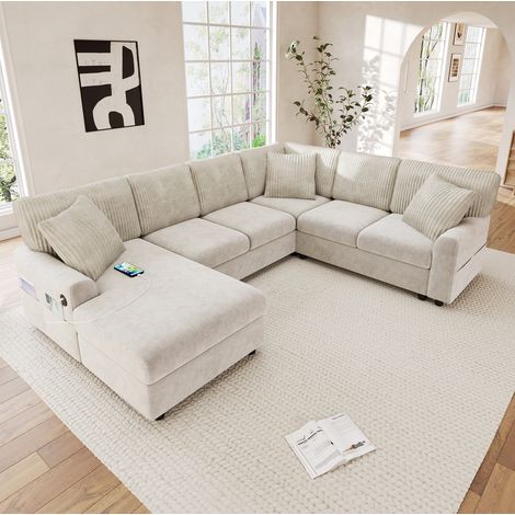Sofá esquinero en forma de U de 249 x 196 cm con 3 cojines, USB y USB-C, para salón, chenilla y pana - beige (1/5)