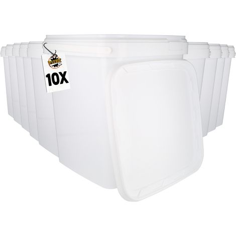 10 Seau en plastique avec couvercle, PP, carré, blanc, qualité alimentaire 10,8 L
