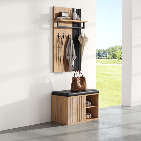 Schuhschrank mit Bank, 2 Türen, 3 Haken und Ablage, schwarz und natur 70 x 36 x 146 cm HAVRYA (1/5)