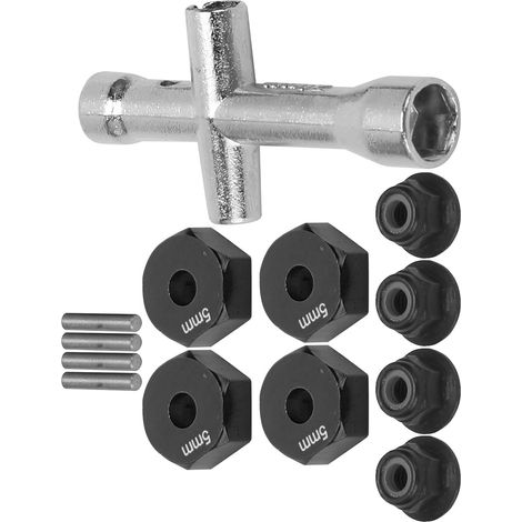 Adaptateur Hexagonal de Roue RC, Adaptateur Hexagonal de Roue de Camion de Voiture RC 12mm 1/10 + écrou Antidérapant + Boulon + Clé Croisée Pièce de Jouet Modèle RC(Noir) (1/5)