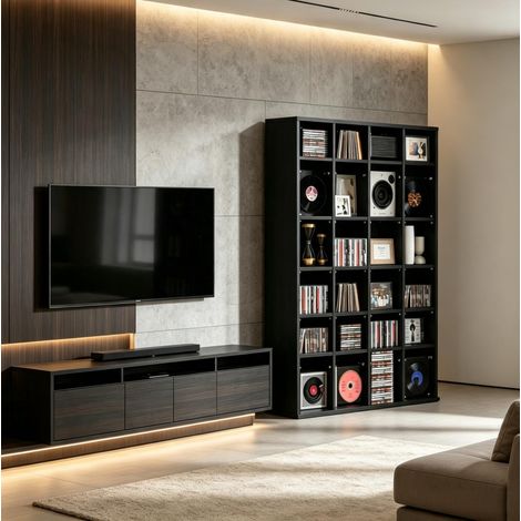 Meuble CD DVD 89x20x130,5 cm en panneaux de particules noir gain de place – MEUBLIV (1/5)