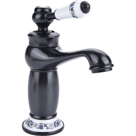 Robinet de lavabo antique en céramique et laiton, robinet mitigeur de cuisine en porcelaine bleue et blanche à long col, robinet de lavabo vintage, robinet d'eau chaude/froide (noir) (1/5)