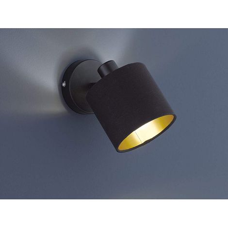 Wandstrahler TOMMY Schwarz mit Stoffschirm Schwarz / Gold, Breite 12cm