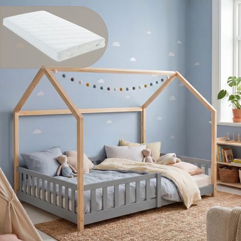 Hausbett Hesel mit Matratze und Rausfallschutz 120x200 cm Grau/Natur [en.casa] (1/5)